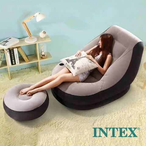 Кресло надувное c пуфиком для ног Intex Ultra Lounge с велюровым покрытием (Серый)