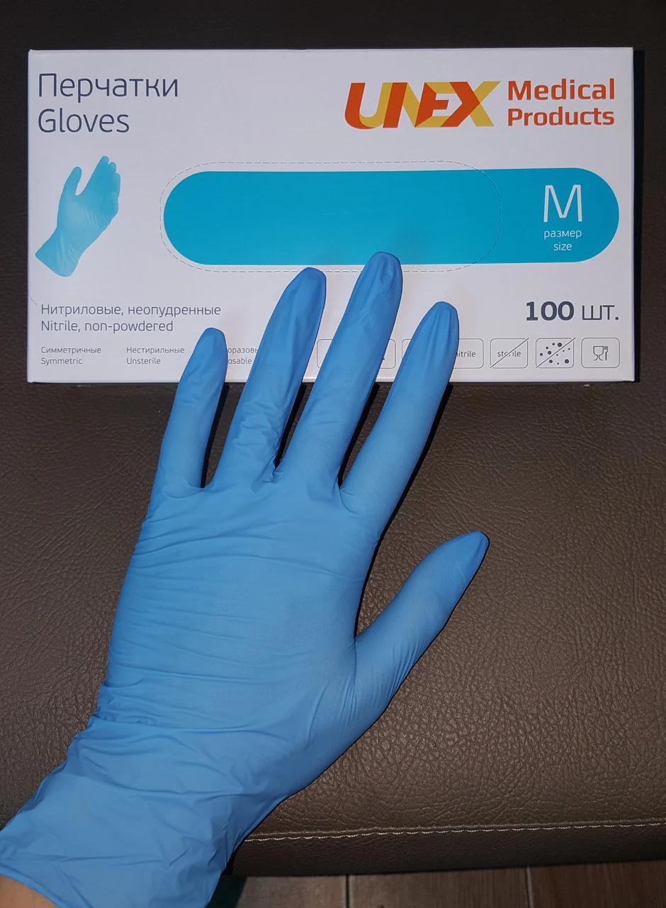 Перчатки нитриловые неопудренные, СИНИЕ, размер M, UNEX, упаковка 50 пар - фото 1 - id-p69312876