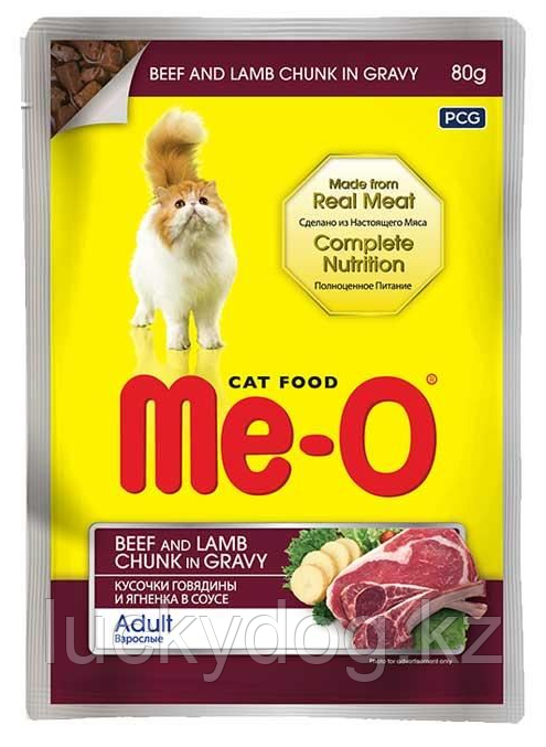 Me-O 80г Кусочки мяса со вкусом Говядины и Ягненка в Соусе Пауч для кошек влажный корм
