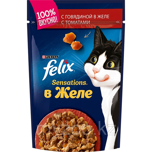 Felix Sensation, Феликс Сенсейшн кусочки с говядиной и томатом в желе для кошек 26*пауч 85гр