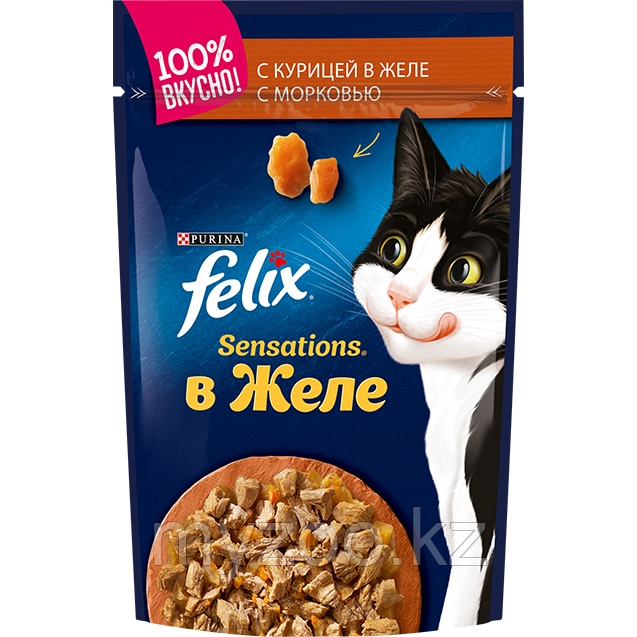 Felix Sensation для кошек кусочки с курицей и морковью в желе, 26*пауч 75гр