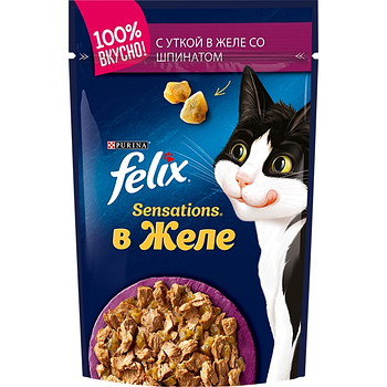 Felix Sensation для кошек кусочки с уткой и шпинатом в желе, 26*пауч 75гр