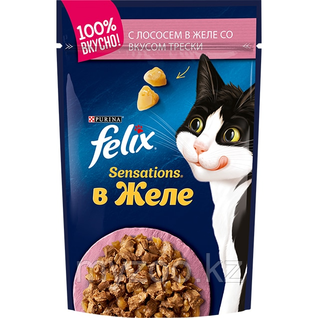 Felix Sensation для кошек кусочки с лососем и треской в желе, 26*пауч 75гр