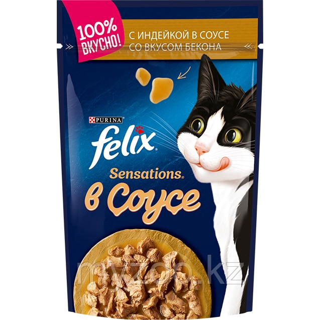 Felix Sensation Sauce Surprise кусочки индейки с беконом в соусе для кошек 26*пауч 75гр - фото 1 - id-p70052479