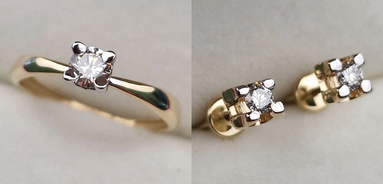 Золотой набор с бриллиантами (кольцо 0.26Сt SI1/M, VG - Cut,серьги 0.0232Ct SI1/J, VG-Cut )