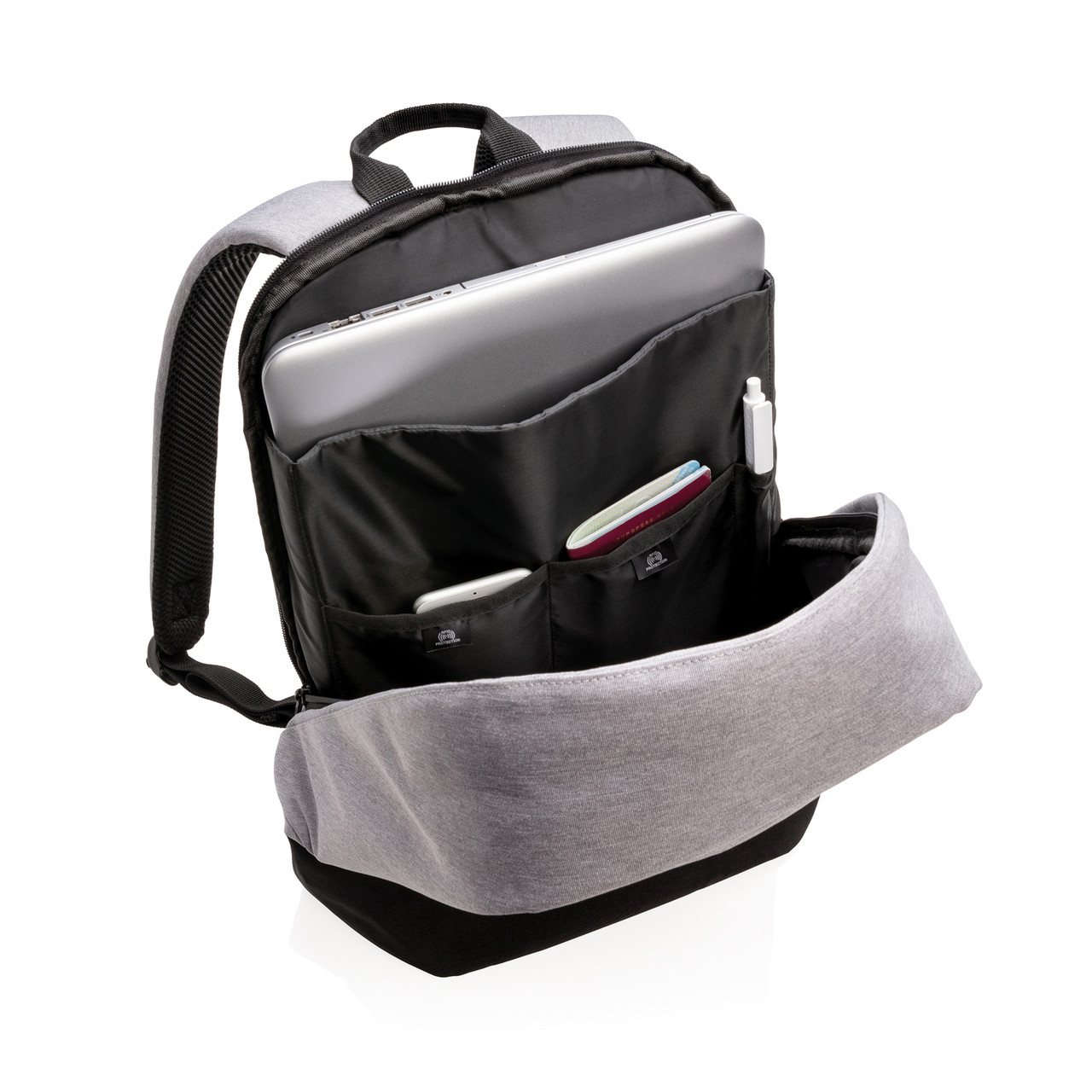 Стандартный антикражный рюкзак, без ПВХ, серый; черный, Длина 35 см., ширина 13 см., высота 45 см., диаметр 0 - фото 5 - id-p69072806
