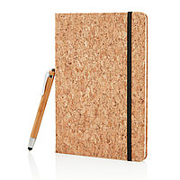 Блокнот Cork на резинке с бамбуковой ручкой-стилус, А5, коричневый, Длина 21,3 см., ширина 14,2 см., высота