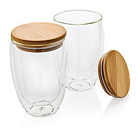 Набор стаканов из боросиликатного стекла с двойными стенками и бамбуковой крышкой, 350 мл, прозрачный; , Длина