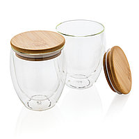 Набор стаканов из боросиликатного стекла с двойными стенками и бамбуковой крышкой, 250 мл, прозрачный; , Длина