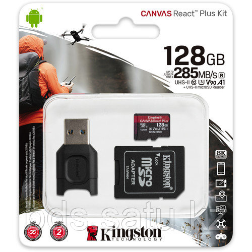 Карта памяти MicroSD, Kingston Canvas React Plus, 128GB, MLPMR2/128GB, UHS-II, R285/W165 + USB Adapter - фото 1 - id-p100441937