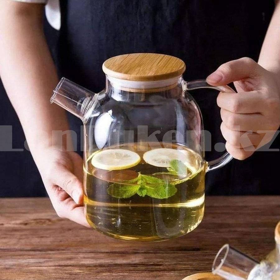 Чайник заварочный стеклянный с ситом на носике и деревянной крышкой 1,8 L для чая и кофе - фото 1 - id-p100447633