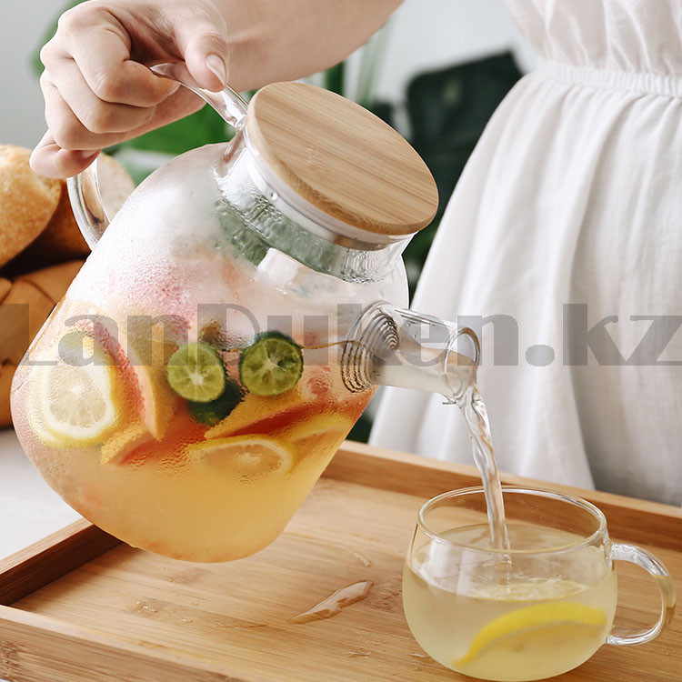 Чайник заварочный стеклянный с ситом на носике и деревянной крышкой 1,8 L для чая и кофе - фото 8 - id-p100447633