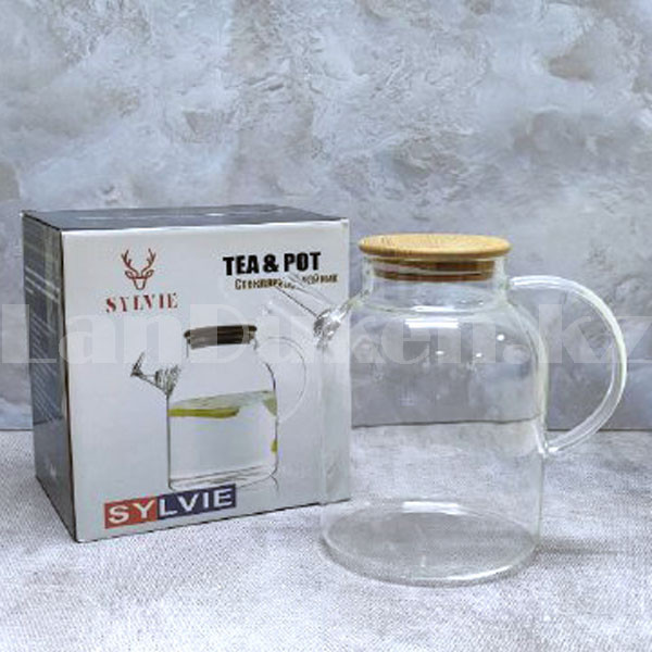Чайник заварочный стеклянный с ситом на носике и деревянной крышкой 1,5 L для чая и кофе