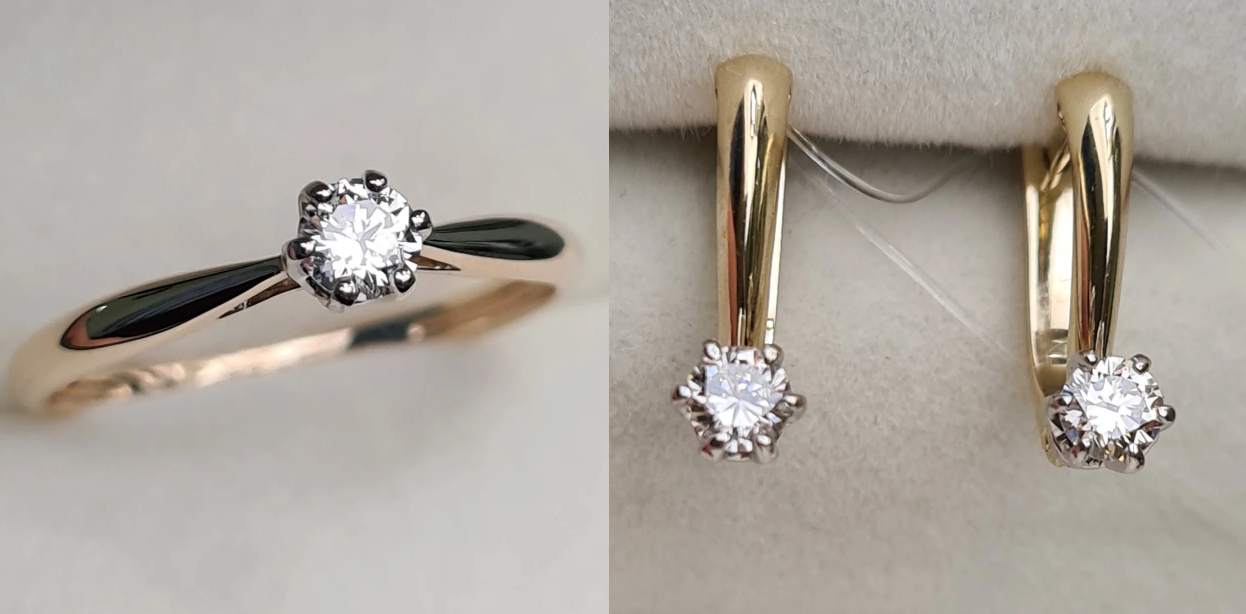 Золотой набор с бриллиантами (кольцо 0.21Сt VS2/I, VG- Cut ,серьги 0.42Ct VS2/M, VG-Cut)