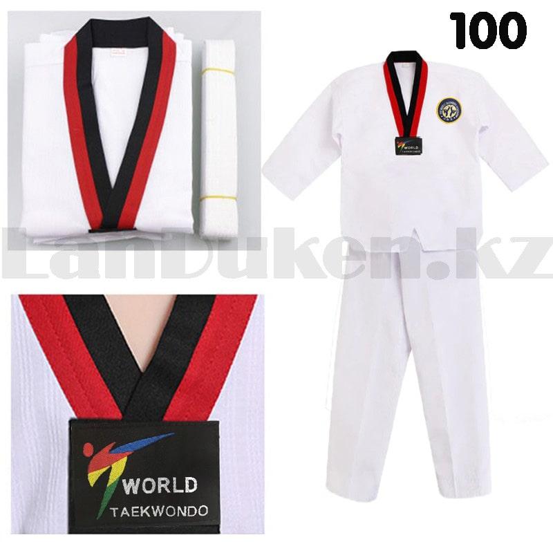 Форма для тхэквондо добок World Taekwondo белая с красно-черным воротником 100 - фото 1 - id-p96624434