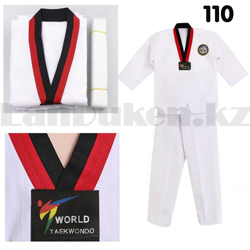Форма для тхэквондо добок World Taekwondo белая с красно-черным воротником 110