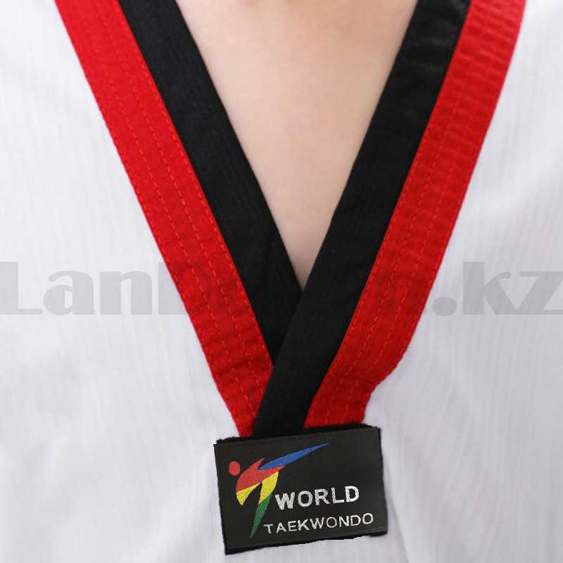 Форма для тхэквондо добок World Taekwondo белая с красно-черным воротником 110 - фото 9 - id-p96624503