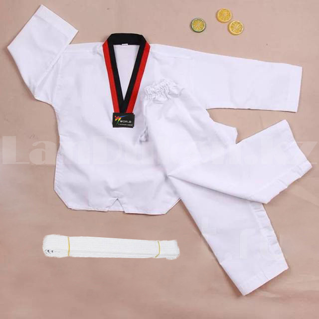 Форма для тхэквондо добок World Taekwondo белая с красно-черным воротником 120 - фото 5 - id-p100523241