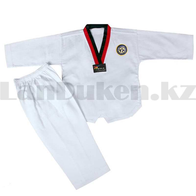 Форма для тхэквондо добок World Taekwondo белая с красно-черным воротником 120 - фото 8 - id-p100523241