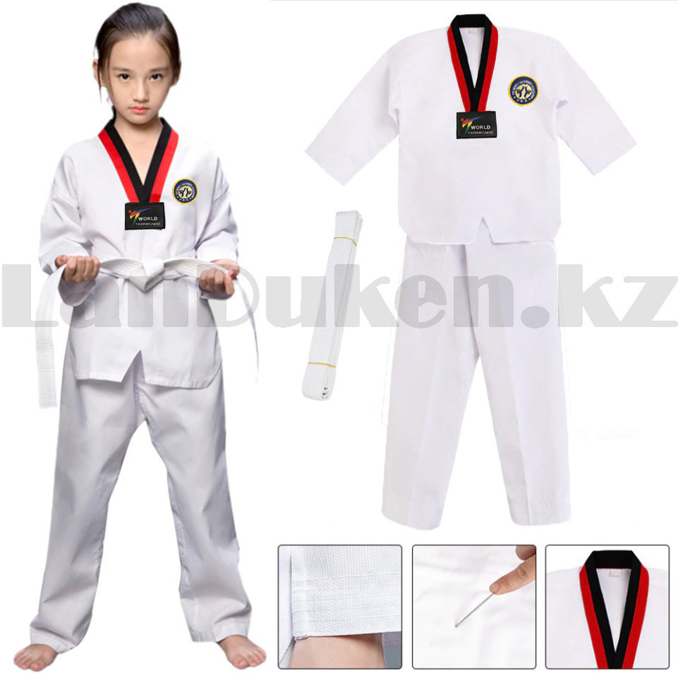 Форма для тхэквондо добок World Taekwondo белая с красно-черным воротником 120 - фото 10 - id-p100523241