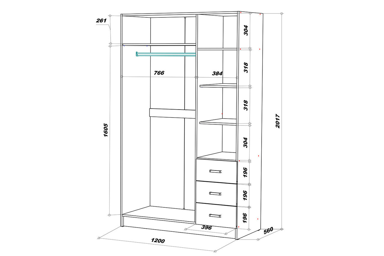 Шкаф для одежды 3-дверный Лофт, венге 120х202х57,5 см - фото 5 - id-p100523300
