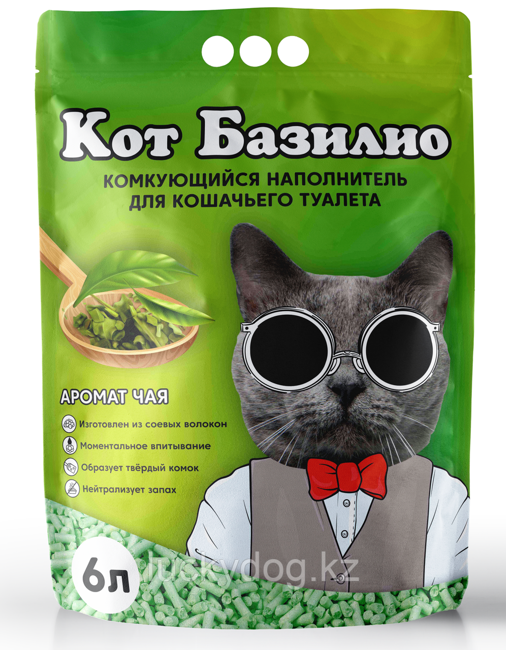 Кот Базилио Зеленый чай, 6 л (2,5кг) Наполнитель соевый ТОФУ, фото 1