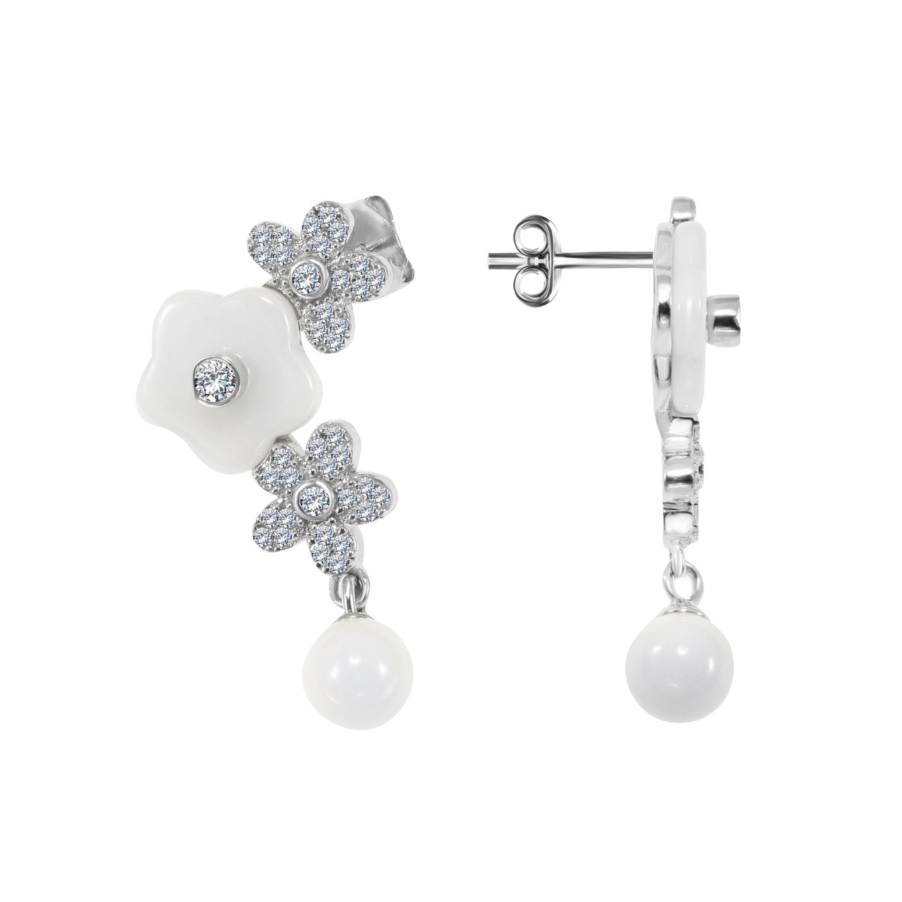 Серебряные серьги с керамикой и фианитом Teosa ZCE-2248-W покрыто родием,штифтовой замок