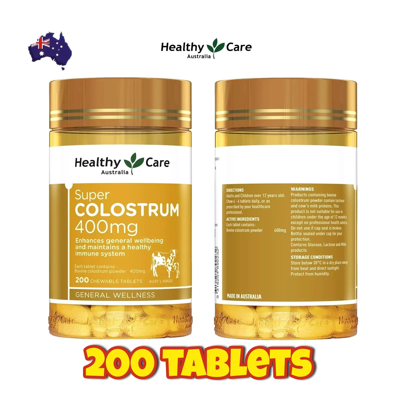 Иммуномодулятор Молозиво Healthy Care Super Colostrum 200 таблеток производство Австралия