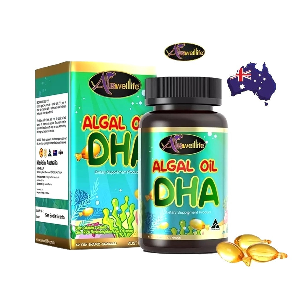 Auswelllife Algal Oil DHA витамины для головного мозга и глаз детям и взрослым, 60 капсул. Австралия