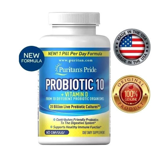 Пробиотик 10 Probiotic 10 + Vitamin D Puritan's Pride 20 Billion Live Probiotic Cultures, 60 капсул США