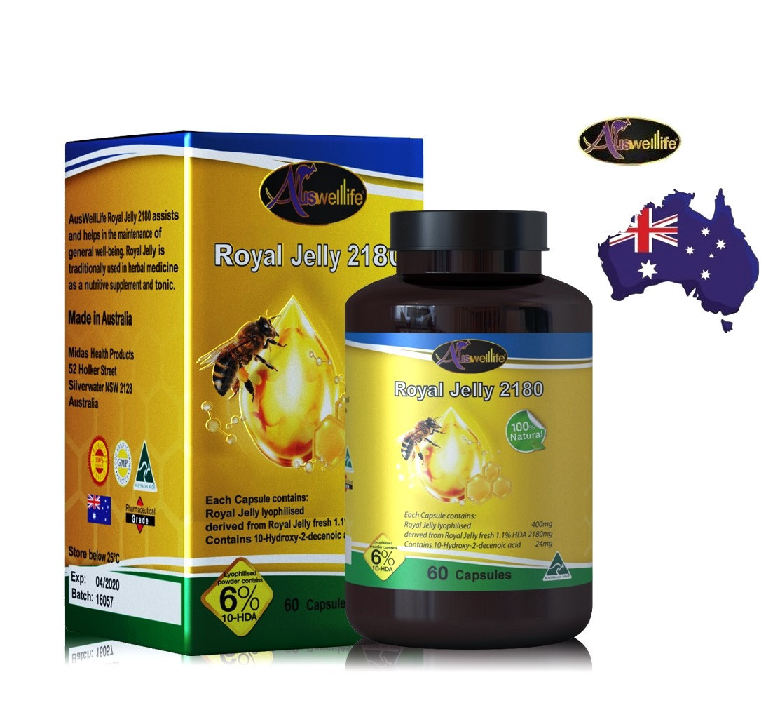 Маточное Молочко в капсулах Auswelllife Royal Jelly 2180 mg. 60 капсул Австралия