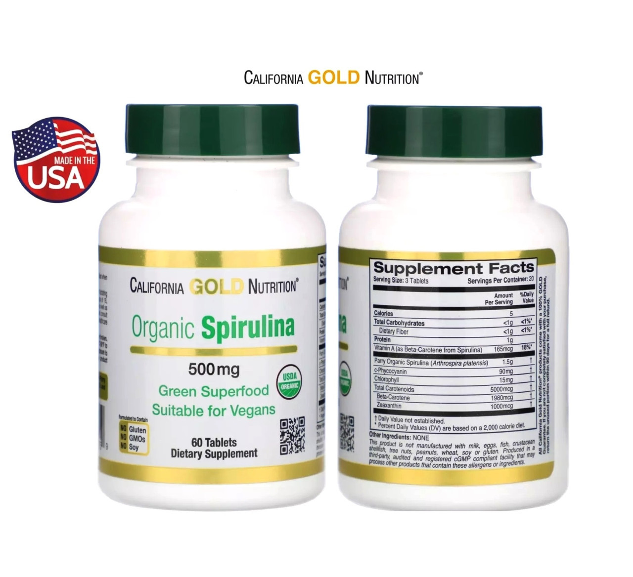 Спирулина органическая California Gold Nutrition Organic Spirulina 500 mg. 60 капсул США