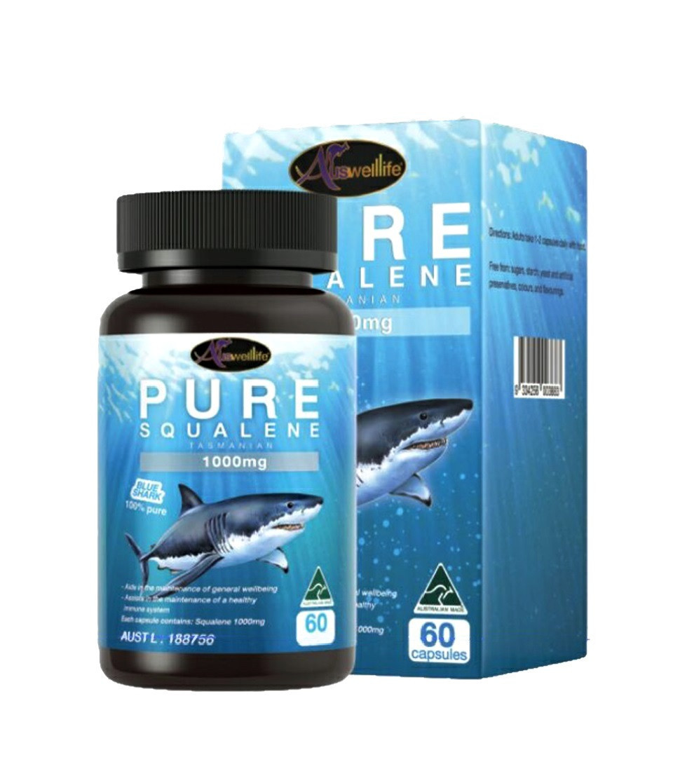 Препарат Сквален Акулы для очистки организма Auswelllife Pure Squalene Tasmanian 1000 mg. 60 капсул, Таиланд