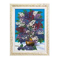 Картина с рисунком из камня "Сирень в вазе" в багете 36х46 см голубой фон / картина в гостиную / картина на