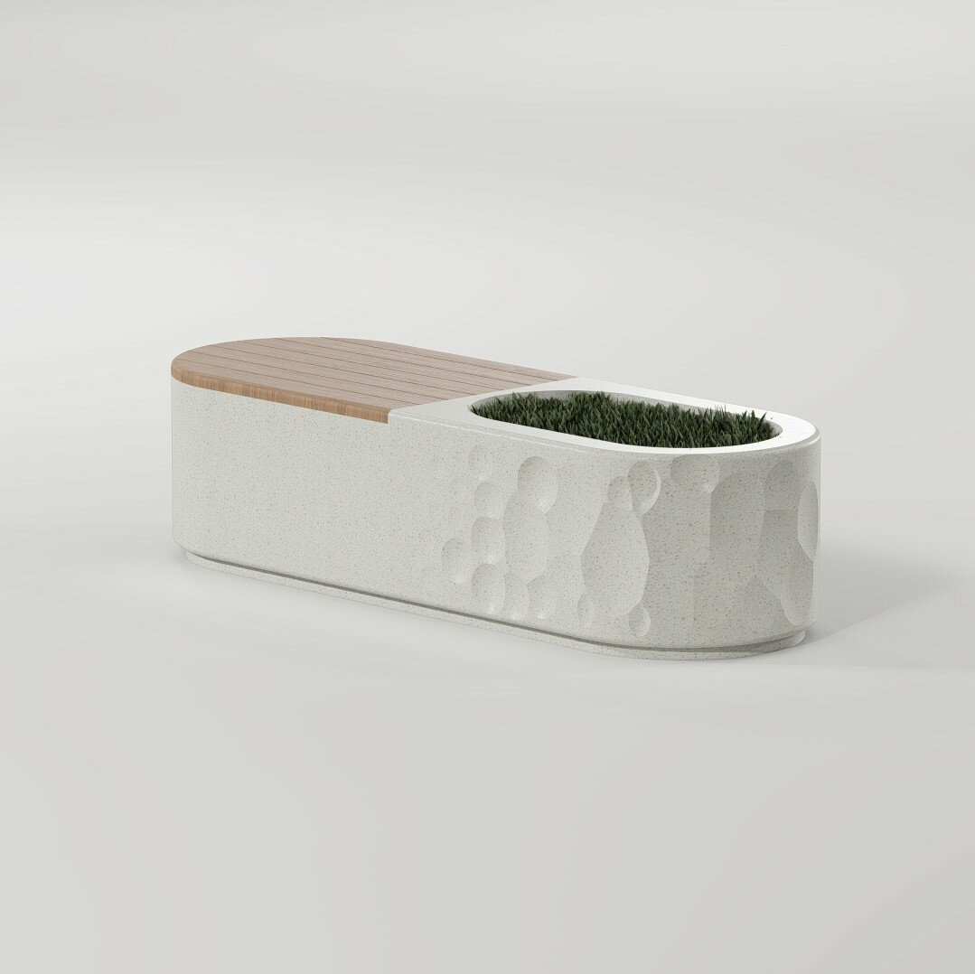 Скамейка из композитного мпраморного камня с деревянным настилом Neo
