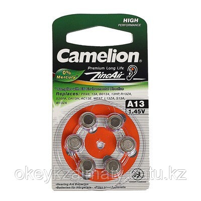 Camelion: Батарейка А13-ВР6 (0%Hg) Zinc Air, A13. 1.45V, 0% ртути, 6шт в блистере