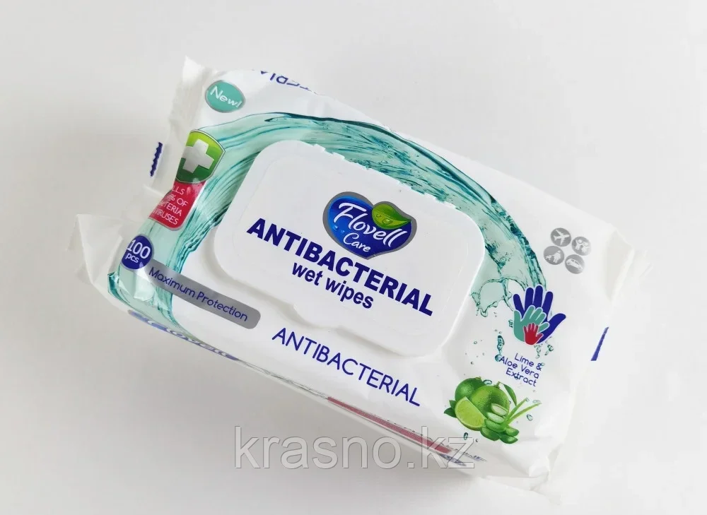 Салфетки влажные Flovell 100шт с крышкой ANTIBACTERIAL - фото 1 - id-p100629334