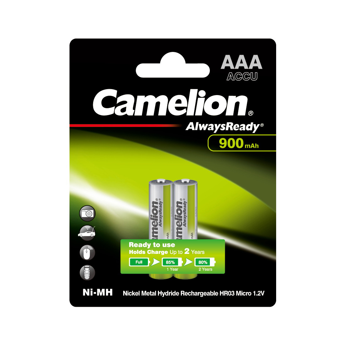 Аккумулятор  CAMELION  NH-AAA900ARBP2  AlwaysReady Rechargeable  AAA  1.2V  900 mAh  2 шт.  Блистер