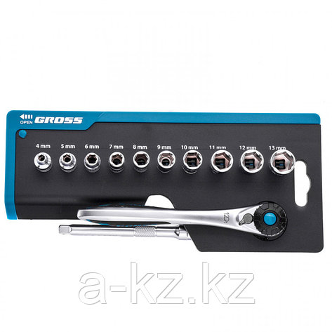 Набор торцевых головок, трещотка 120 зубьев, 12 предметов, 1/4", CrV Gross, фото 2