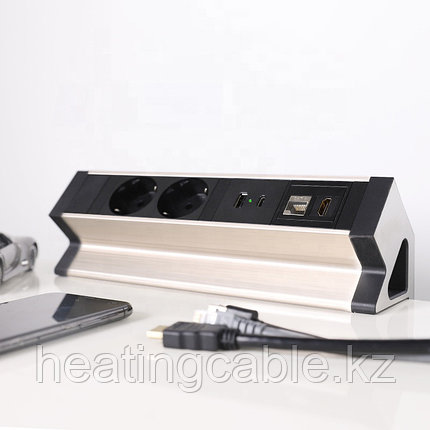 Настольный блок на 2 розетки 200B, USB, Type-C, RJ45, HDMI чёрный-серебро, фото 2