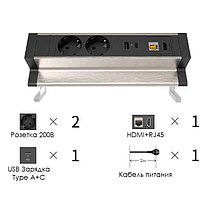 Настольный блок на 2 розетки 200B, USB, Type-C, RJ45, HDMI чёрный-серебро, фото 2