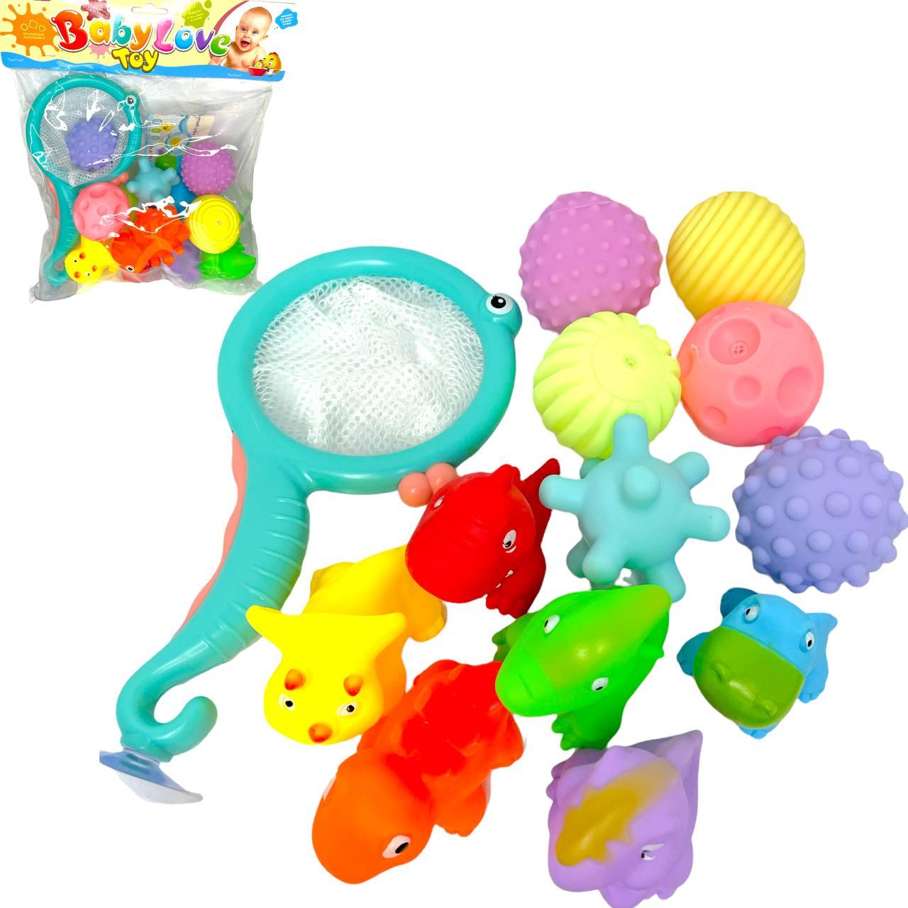 Baby Love toy для купания мяч,динозавр,сачок пищалки в пакете 13 предметов, 33*31см