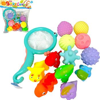 Baby Love toy для купания мяч,динозавр,сачок пищалки в пакете 13 предметов, 33*31см