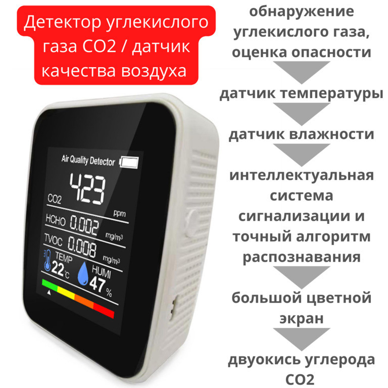 Портативный детектор углекислого газа СО2 / датчик качества воздуха с цифровым цветным экраном - фото 1 - id-p100993849
