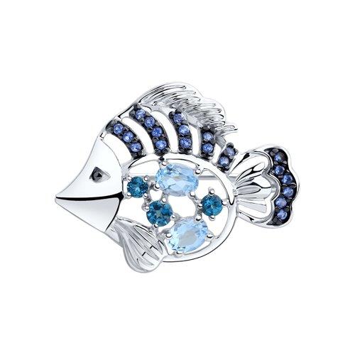 Брошь из серебра с голубыми и синими топазами и фианитами SOKOLOV 92040074 покрыто  родием