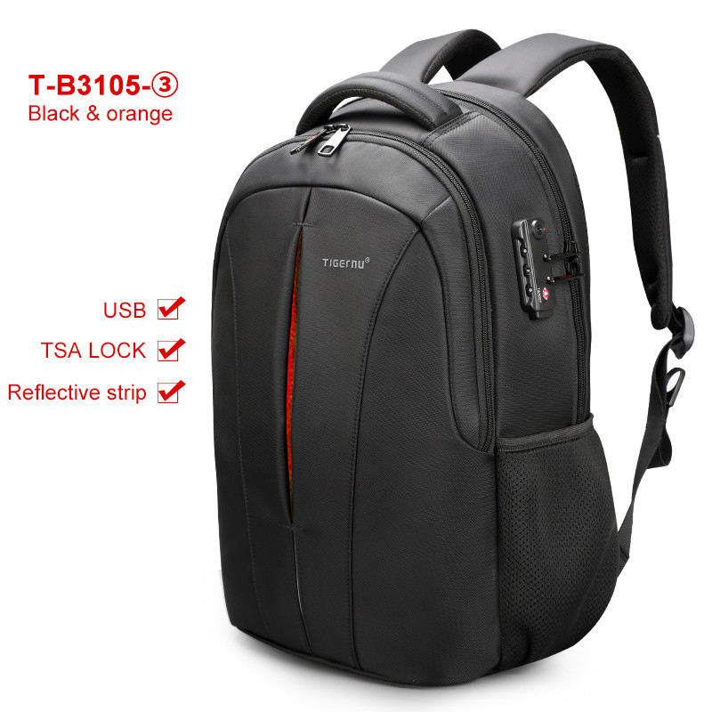 Городской рюкзак TIGERNU T-B3105А 15,6 дюймовый с USB и встроенным кодовым замком черный с оранжевым - фото 3 - id-p100999157