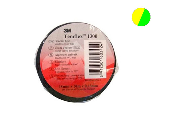7100081324 Temflex 1300, желто-зеленая, универсальная изоляционная лента, 15мм х 10м х 0,13мм, фото 2