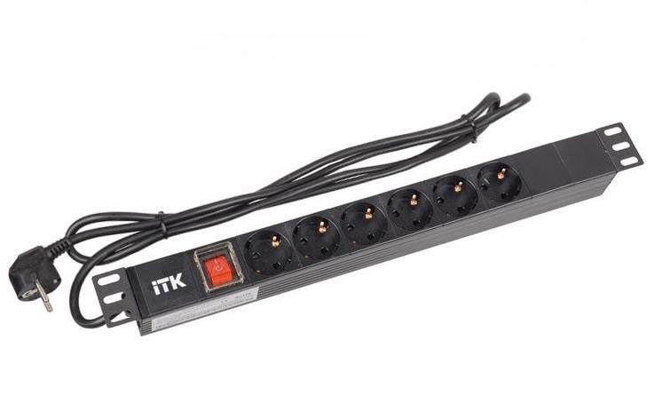 PH12-6D1-P ITK PDU 6 роз. нем.ст. с выкл 1U каб. 2м вилка нем.ст ПВХ чер, фото 1