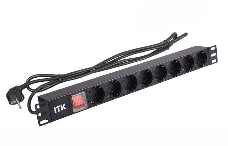 PH12-8D1-P ITK PDU 8 роз. нем.ст. с выкл 1U каб.2м вилка нем.ст ПВХ чер, фото 1