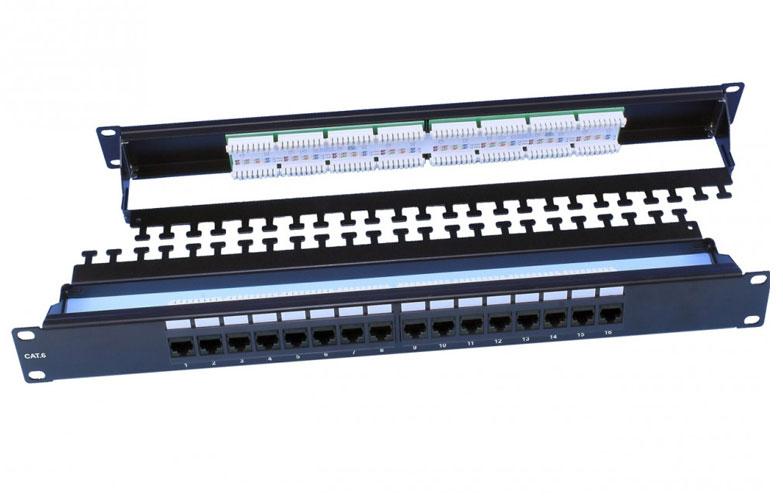 246105 Hyperline PP3-19-16-8P8C-C6-110D Патч-панель 19", 1U, 16 портов RJ-45, категория 6, Dual IDC, ROHS,